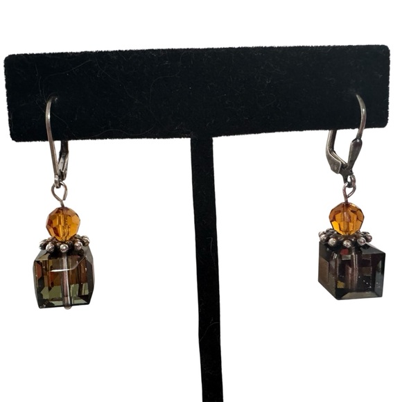 Hand Crafted 925 Silver Green Yellow Crystal Minimalist Cube Drop Earrings NEW - Picture 1 of 14